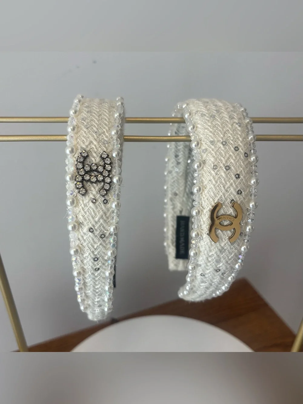 $35 EACH / Pearl accent Trim Ivory Tweed Headband with Rhinestone Emblem